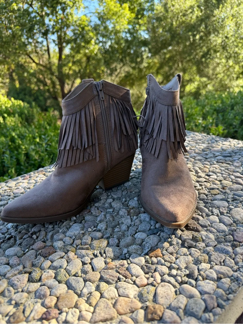 Frye Taupe Suede Fringe Ankle Boots